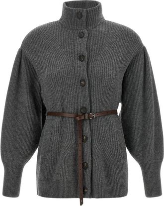 Brunello Cucinelli Ribbed Chevron Knit Cardigan - Dames - Vesten - Grijs - S - Wol - Truien & Vesten