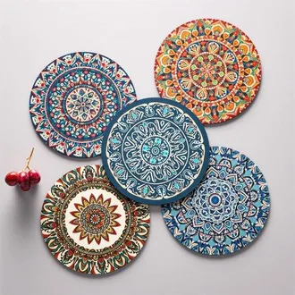OEM Posavasos Mandala Soporte, Juego 5 Posavasos Cer&aacute;mica Estilo Boho, Absorbentes Base Corcho Soporte Negro, Barra Madera, Dimensiones: 12 X 12 Cm
