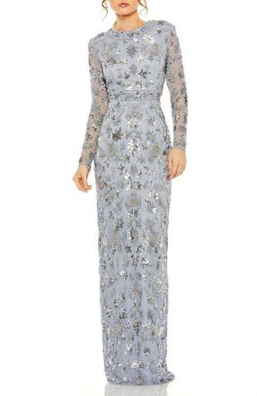 Mac Duggal High Neck Long Sleeve Embellished Column Gown in Slate Blue at Nordstrom, Size 18