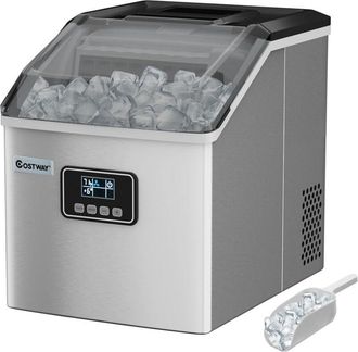 Costway Macchina del Ghiaccio in Acciaio Inox, Macchina del Ghiaccio Elettrica con Paletta e Castello, Produzione 22kg/24H, Ideale per Casa e Ufficio