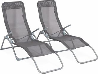 Sweeek Pair of textilene sun loungers with 2 reclining positions, Levito, Anthracite, 57x168x93 cm
