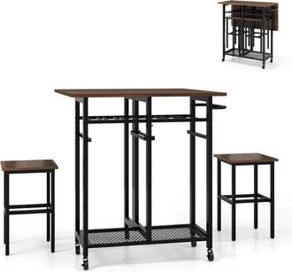 Costway Juego De Mesa De Comedor De 3 Piezas, Mesa De Cocina Extensible Con 2 Taburetes, Botellero Para 6 Botellas, Estantes Y Asa Lateral, Mesa Plegable Para