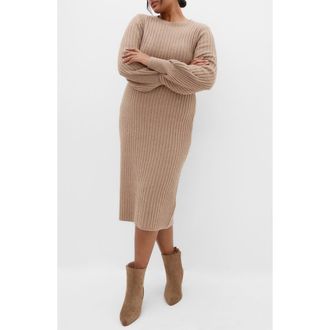 City Chic Sarah Long Sleeve Rib Sweater Midi Dress in Mushroom Melange at Nordstrom