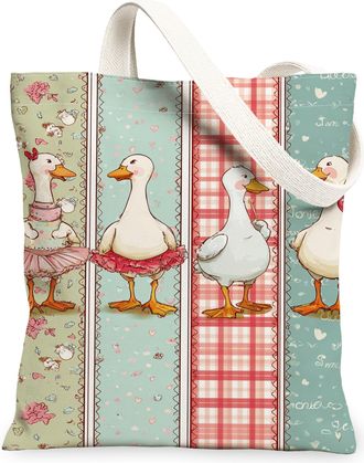 Generic Vintage Fanciful Duck Canvas Tote Bags, Cute Animal Pattern Reusable Grocery Bags, Lightweight Washable Shoulder Strap Canv, Blue, 13x15 Inch