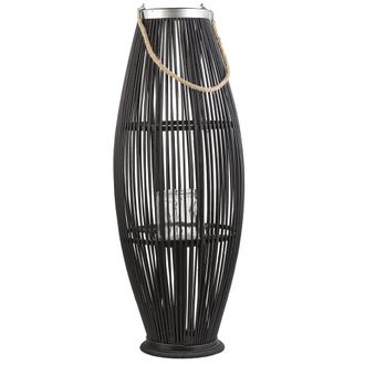 Beliani Linterna De Bamb&uacute; Madera Negra Y Vidrio 84 Cm Interior Exterior Tejido Candelero Escandinavo Boho Tahiti