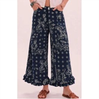 Lovlov Paisley Ruffle Hem Wide Leg Pants In Navy