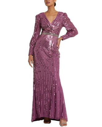 Mac Duggal Sequined Wrap Over Bishop Sleeve Gown