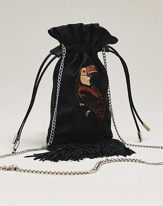 Farm Rio Fringe Satin Bucket Bag
