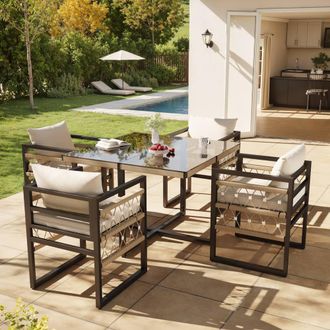 Matteo Hand-Woven Garden Sofa Set for 4 with Beige Cushions & Glass Table