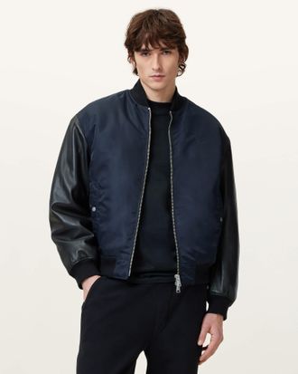 AllSaints Mens Polyamide/Lamb Leather Myler Leather Sleeve Bomber, Size: XL