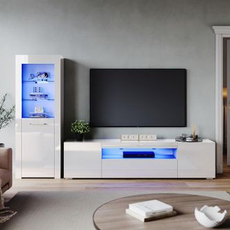 Elegant Lighting Living Room Home Furniture Set 2000mm led tv Unit Stand Display Cabinet Sideboard with 16 color rgb led Lights Storage Unit in White High Gloss Style
