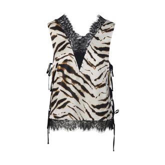 Ganni Printed Stretch Satin V-Neck Lace Slip Top - female - Ganni - Sleeveless Tops - Multicolor - L - Tops