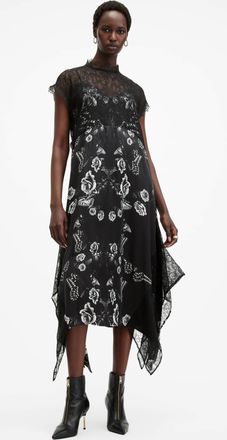 AllSaints Polyester Gian Lace Trim Asymmetric Maxi Dress, Size: UK 16/US 12