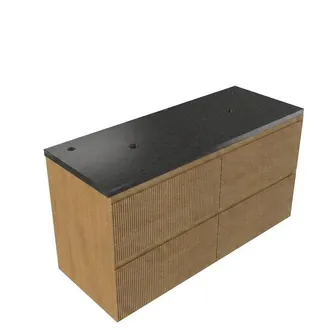 Saniclass Holz Atelier Badkamermeubelset - 120x45x63cm - Noche basalten wastafelblad gepolijst (zwart) - 2 kraangaten - 2 lades - mat eiken natural (hout)