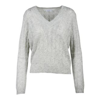 Brunello Cucinelli Truien & Vesten, Dames, Grijs, M, Katoen, V-hals Trui met Strass