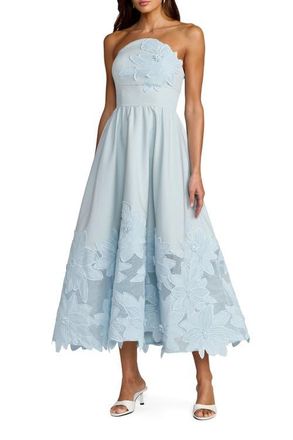 Mac Duggal Lace Strapless A Line Midi Dress With 3D Flowers in Powder Blue at Nordstrom, Size 10