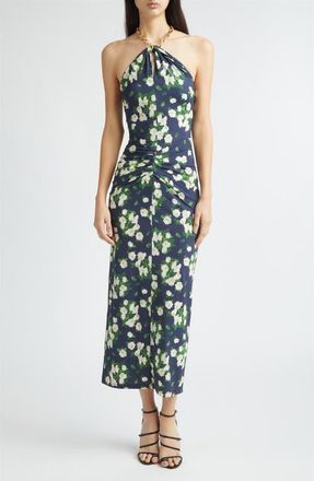 Carolina Herrera Floral Print Jersey Halter Dress in Midnight Multi at Nordstrom, Size X-Small