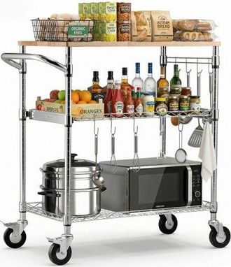 OEM Carrito De Cocina De 3 Niveles Con Tapa De Madera, Estante De Almacenaje Ajustable, Carrito Auxiliar Con Ruedas Giratorias Y Asa, Carro De Servicio Pa