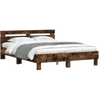 vidaXL Estructura De Cama Cabecero Y Luces Led Roble Ahumado 140x190cm Vidaxl