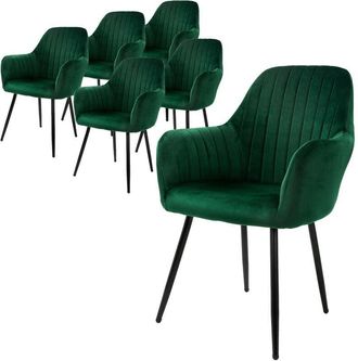 ML Design Ml-design - 6x Sillas De Comedor Verdes Ergon&oacute;micas, Asiento Tapizado Aspecto De Terciopelo Patas De Metal Con Respaldo Y Reposabrazos Sill&oacute;n Moderno 