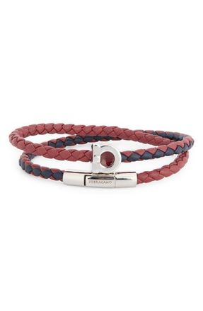 Ferragamo Mens Gancio Braided Leather Wrap Bracelet in Pld/Red/Navy at Nordstrom