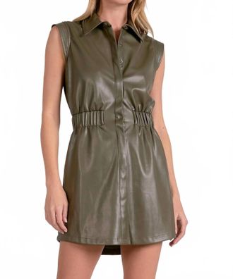 Elan Sleeveless Faux Leather Utility Dress In Olive Green