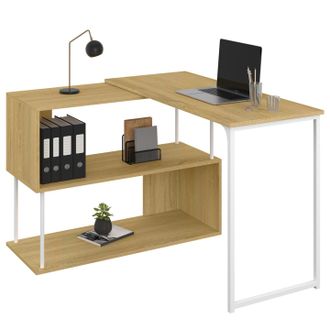 IDMarket Escritorio Esquinero Giratorio 180&deg; Detroit Estanter&iacute;a En Forma De S Dise&ntilde;o Industrial Madera Y Metal Blanco
