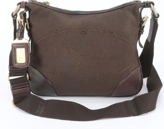 Prada Brown Leather Canvas Messenger Bag Shoulder Bag (Pre-Owned)
