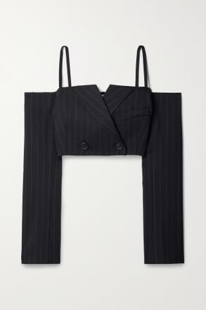 Monse Giacca Cropped A Spalle Scoperte Gessata In Twill Di Misto Lana - Blu