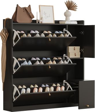 STILVORA Mueble Zapatero Con 3 Compartimentos Abatibles, 1 Caj&oacute;n, Estantes Ajustables Y Banco Plegable, Tablero De Part&iacute;culas, Negro, 119&times;24&times;122 Cm