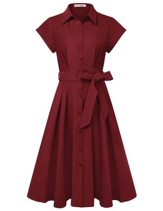 Grace Karin Womens Short Sleeve A-Line Midi Dresses Elegant Lapel Neck Boutons Tie Waist Shirt Dress for Work Wedding Dark red XXL