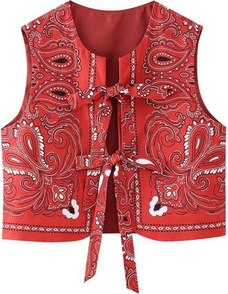 Generic Womens Quilted Gilet Women Vest Sleeveless Ladies Fringe Waistcoat Bowknot Front Fuzzy Open Boho Gilets Western Cardigan Coat Short Red