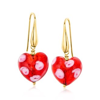 Ross-Simons Italian Murano Glass Red Heart Drop Earrings in 18kt Gold Over Sterling
