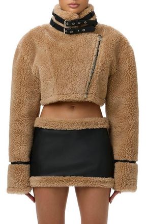 Naked Wardrobe Reversible Faux Shearling Crop Moto Jacket in Black/Tan at Nordstrom, Size X-Small