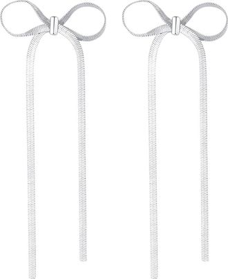 Generic Long Chain Bow Dangle Drop Tassel Earrings For Women Girls Statement Ribbon Fringe Dangling Wedding Prom Fashion Jewelry Gift Heart Studs (Silver, One