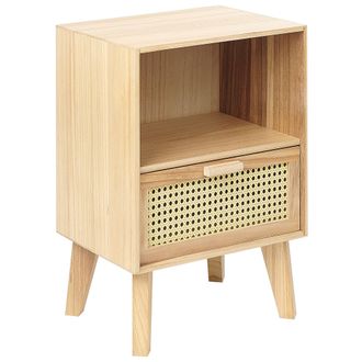 Beliani Beliani - Mesa De Noche De Madera Clara 40 X 30 Cm 1 Caj&oacute;n Frontal Rat&aacute;n Boho Seney