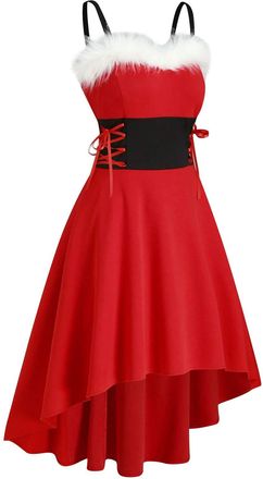 Generic Womens Off Shoulder Christmas Faux Fur Dress Lace Up Asymmetrical High Low Midi Dress Elegant Party Holiday Outfit Winter Fashion Evening Cocktail Out