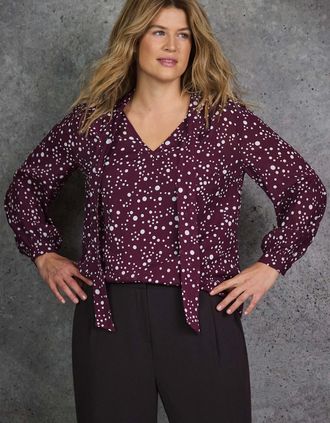 Live Unlimited London Womens Burgundy Spot Print Tie Neck Blouse - Purple - Size: 22