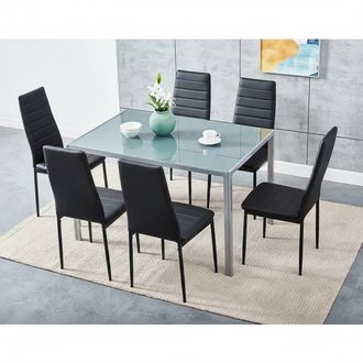 Kosy Koala Grey Glass Table Set With 6 Black Metal Chair Kitchen Dining Furniture | Size: 120 cm x 70 cm