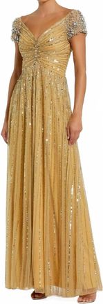 Mac Duggal Sequined Evening Gown With Embellished Shoulders In Gold