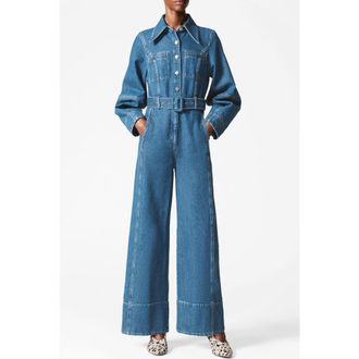 & Other Stories Long Sleeve Belted Wide Leg Denim Jumpsuit in Blue Medium Dusty at Nordstrom Rack, Size 0