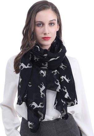 Lina & Lily Deer Animal Print Womens Large Scarf Lightweight (Black)