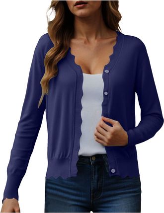 Generic Cardigan Buttons for Women UK v Neck Lightweight Tops Short Solid Color Thin Knitted Cardigan for Women Casual Shrugs Scalloped Edge Cardigans Dark Bl