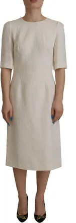 Dolce & Gabbana Witte Jacquard Midi Bloemen Slank Brocade Damesjurk