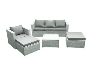 Fimous Garden Outdoor Furniture Set 6 Seater Rattan Sofa Set with 2 Big Footstools Armchair Light Grey Mixed