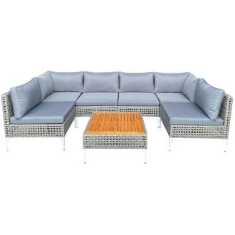 Costway Set di Mobili da Giardino, Giardino Arredo Esterno con Tavolino in Legno di Acacia, 6 Divani e Cuscini, Set da Conversazione in Rattan PE per