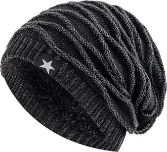 Generic Unisex Slouchy Winter Hats Add Lined Men and Women Warm Beanie Cap Casual Five-Pointed Star Decor Winter Knitted(Black)