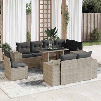 vidaXL Set Muebles Jard&iacute;n 9 Pzas Y Cojines Rat&aacute;n Sint&eacute;tico Gris Claro Vidaxl