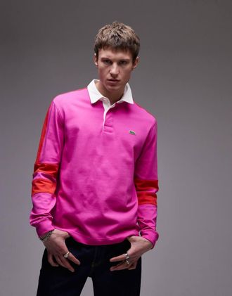 Lacoste long sleeve rugby shirt in pink with red taping