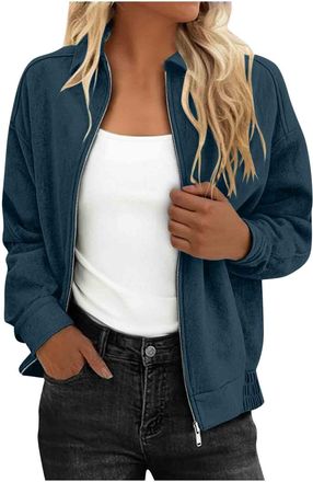 Generic Jacket for Women UK Casual Zip-Up Coat Loose Fit Drop Shoulder Long Sleeve Faux Suede Jackets Elegant Ladies Jackets with Pockets Solid Color Short Co